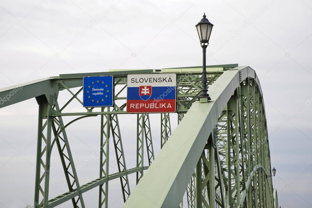 Border point between Hungary and Slovakia at Maria Valeria bridge over Danube river in Esztergom. Hungary