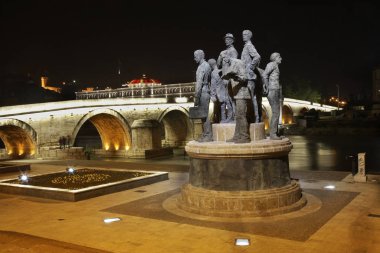 Sculpture near Stone Bridge and the Vardar River in Skopje. Macedonia