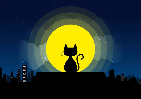 Ay ışığı bir çatı arka plan üzerinde oturan kedi — Stok Vektör