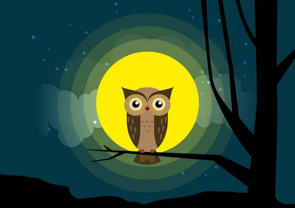 Uil zat op een boom tak achtergrond van het maanlicht — Stockvector