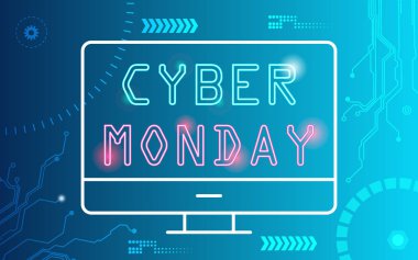 Neon Cyber Pazartesi Sancağı. Siber Pazartesi, indirimli satış konsepti illüstrasyonu neon tarzı, çevrimiçi alışveriş ve pazarlama konsepti. Hepsi tek bir katmanda. Vektör illüstrasyonu.
