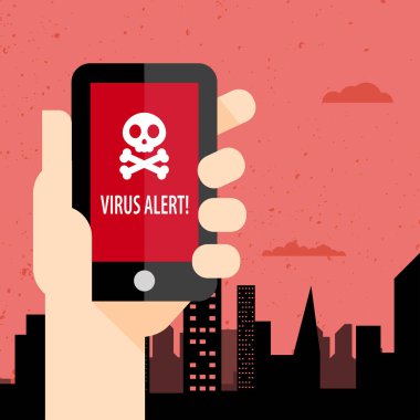 Tehlikeli bölge uyarısı. Cep telefonlarına bulaşıcı hastalık bölgesi bildirimi. Virüs alarmı, akıllı telefona. Uyarı mesajı mobil bildirim kavramı. Vektör illüstrasyonu.