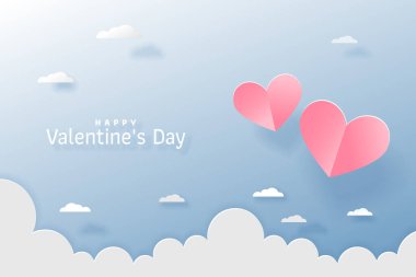 Kağıt kesiği şeklinde Sevgililer Günü tebrik kartı. İki origami pembe kağıt balon kalp şekli bulutun üzerinde uçuyor. Vektör illüstrasyonu.