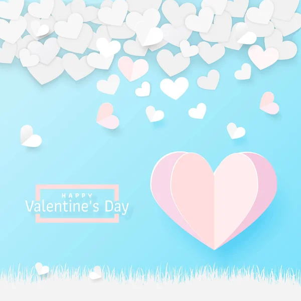 バレンタインデーグリーティングカードの紙アートスタイル 折り紙ピンクの紙風船ハート型の空に草の上を飛んでいます バレンタインの休日カード 青い背景に紙の心のバレンタインデーのバナーデザイン ベクターイラスト — ストックベクタ