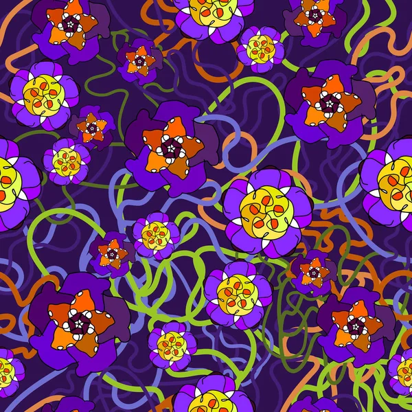 Ett Sömlöst Mönster Handritade Blommor Och Blad Flerfärgat Mönster Doodle — Stock vektor