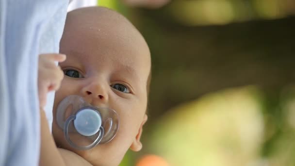 Blue-eyed baby with a soother lying and moving hands. Good day in a park — Stock Video