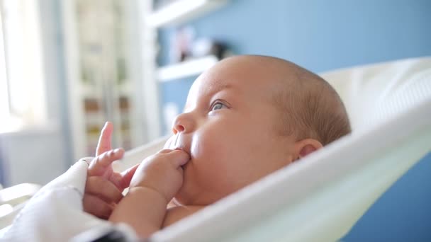 Glückliches Baby, das Finger lutscht, Mutter küsst ihn auf die Nase. Handschuss aus nächster Nähe — Stockvideo