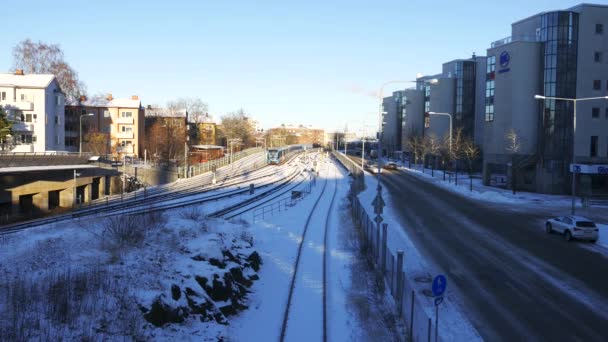 Mañana en la ciudad. Calle de invierno de Estocolmo, Suecia — Vídeos de Stock