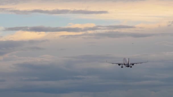 Vliegtuigen retracts landingsgestel na nemen af en vliegt weg in bewolkt avondrood — Stockvideo