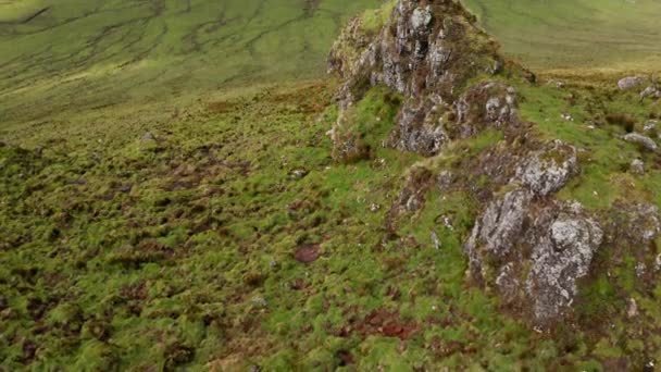 Femme se tient à bras ouverts sur une roche au-dessus de caldera verte du volcan éteint. Aérien de Caldeirao, Corvo, Açores — Video