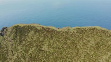 Mavi okyanusun üzerindeki dik uçurum. Deniz kıyısındaki bir dağ. Pasif volkan havası, Corvo, Azores