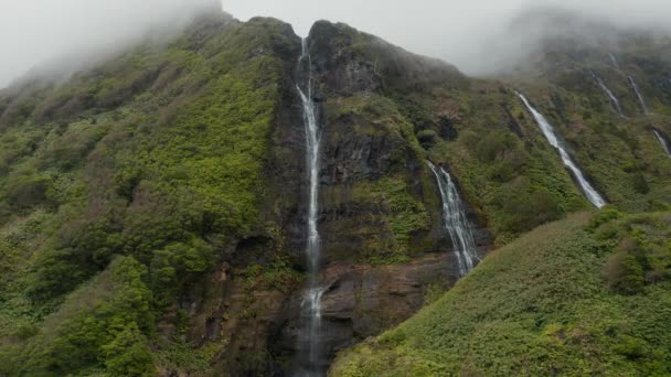 Cascata in montagna. Ruscello d'acqua su rocce tra il verde. Aereo di Flores nuvoloso, Azzorre — Video Stock