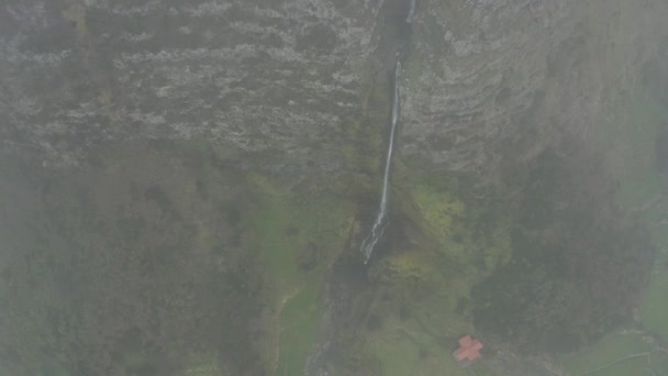 Widok z góry na wodospad. Lecąc z chmury nad skalistym urwiskiem. Antena Poco do Bacalhau, Flores, Azory — Wideo stockowe