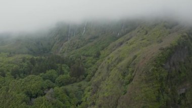 Şelaleye doğru yeşil yamaç boyunca uçuyor. Bulutlar dağın tepesini gizler. Ferreiro Şelalesi, Flores, Azores