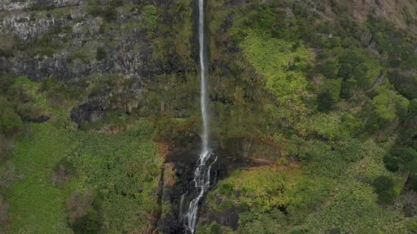 Cachoeira alta flui de uma montanha rochosa alta com nuvens em um topo. Aéreo de Flores, Açores — Vídeo de Stock