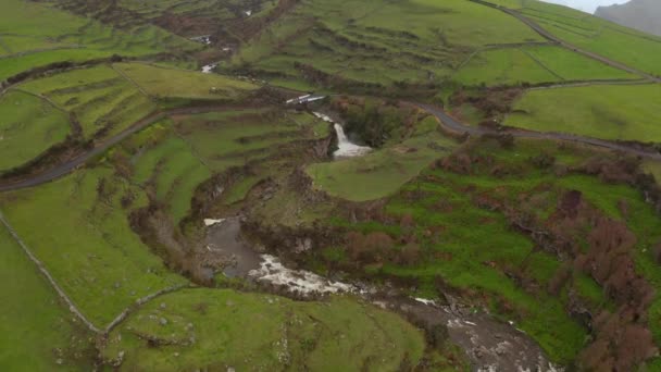 Rivière sinueuse coule parmi les collines verdoyantes. Vue aérienne de l'île brumeuse de Flores, Açores — Video