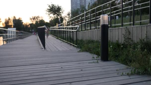 Joyeux petit garçon court sur le pont en bois. Enfant pieds nus dans le parc du coucher du soleil — Video