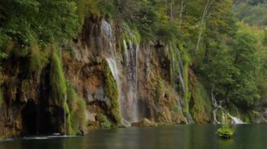 Plitvice Gölü 'ne yeşil bitkilerle kaplanmış kayalık kıyılardan akan şelale akıntıları