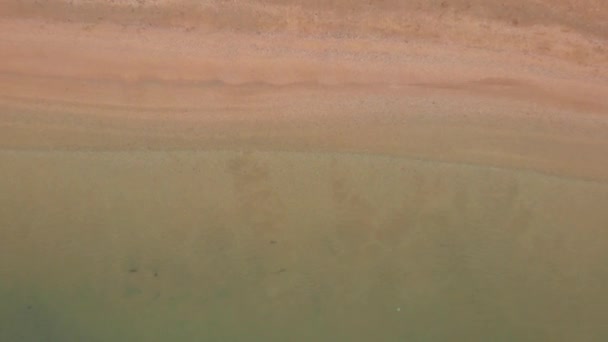 Εναέρια αμμώδης παραλία. Πάνω άποψη της ήρεμης και τεμπέλης διαφανή κύματα της θάλασσας — Αρχείο Βίντεο