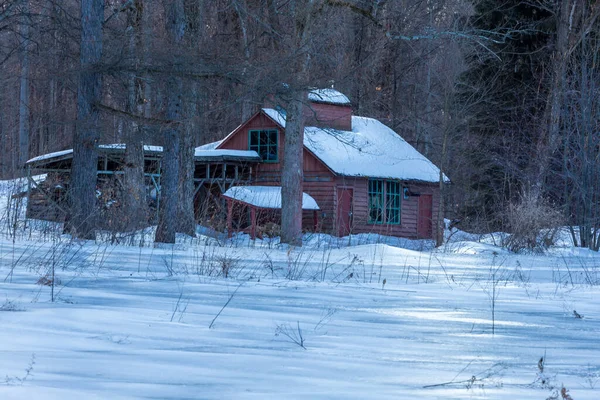 Doğada karla kaplı evin manzaralı görüntüsü.