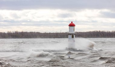 Fırtınalı dalgalarla kaplı dramatik deniz feneri görüntüsü