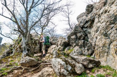 Şortlu ve sırt çantalı bir turist kayalıklara bakıyor..