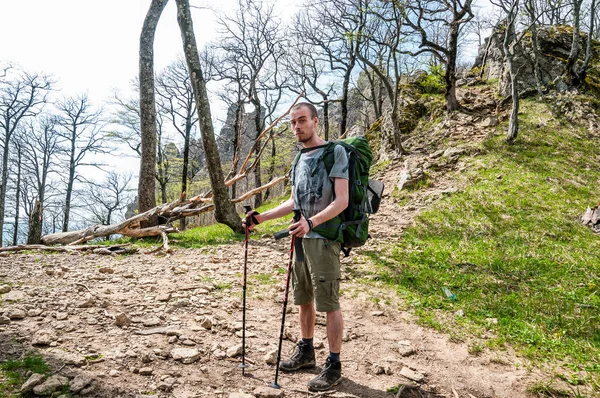Dağın başında yürüyüş sopaları ve sırt çantasıyla bir turist..