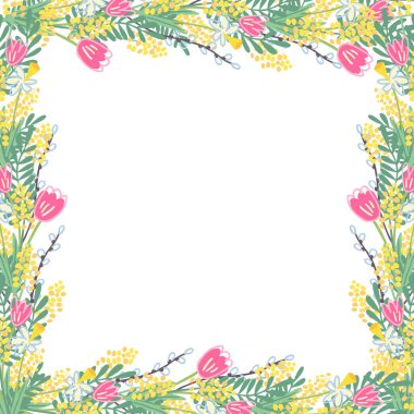 Beautiful square frame with spring flowers. There are daffodils, tulips, mimosas, willow twigs. Great template for social media, greeting cards, banners. Hand drawn vector illustration on white.