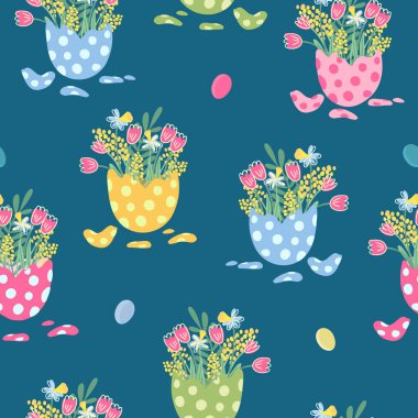 Vector seamless pattern with bouquets of flowers in eggshells. There are daffodils, tulips, mimosas. Bright colors, dark background. Great for fabric, wrapping papers, covers. Easter theme.
