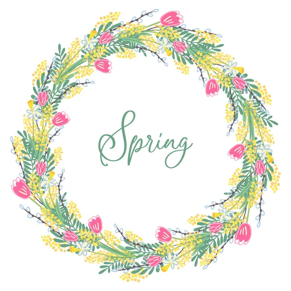 Ein Schöner Frühlingskranz Mit Blumen Und Blättern Gibt Tulpen Mimosen — Stockvektor