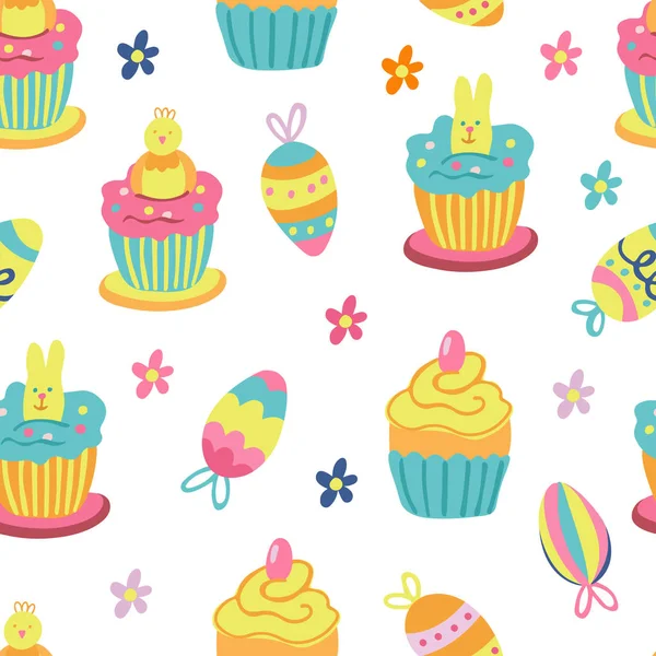 Vector Seamless Patterns Easter Cupcakes Decorated Sweet Rabbits Chickens Easter — ストックベクタ