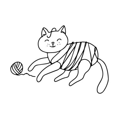 İplik dolanmış bir kedi yarıkla oynuyor. Beyaz arka planda siyah mürekkeple el çizimi vektör çizimi. Karalama çiziminde hobi öğesi örmek izole edilmiş ana hatlar.
