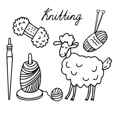 Şirin koyunlar ve örgü malzemeleri: örgü iğneleri, farklı türde iplikler, iplik tutacağı, Milli. Hobi konsepti, el yapımı iş. Beyaz üzerine izole edilmiş vektör illüstrasyonu. Karalama çizim biçimi, özet.