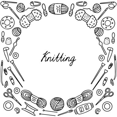 Aletlerle örgü iskeleti: örgü iğneleri, örgü kancası, dikiş izleri, dikiş izleri, yüksük, emniyet pimleri, sıra sayacı, makas, iplik, çentikler. El çizimi vektör çizimi beyaza izole edildi. Çizim sınır tasarımı