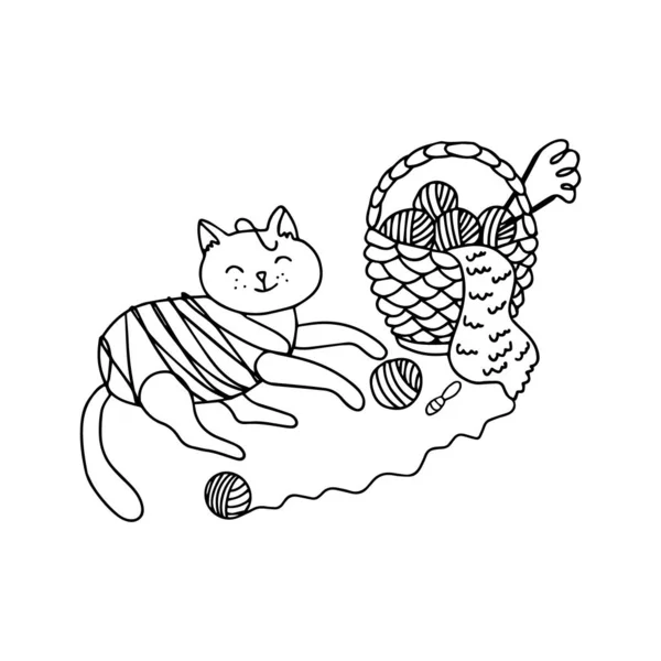 Çok Tatlı Bir Kedi Iplik Yumağıyla Hasır Bir Sepetin Yanında — Stok Vektör