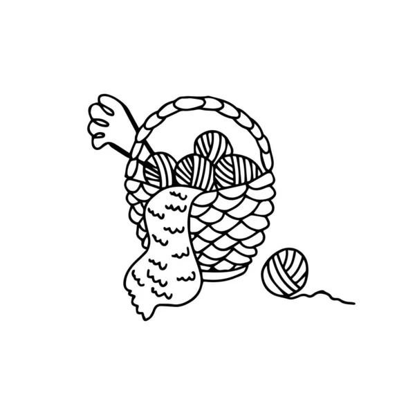 Nice Wicker Basket Clews Knitting Needles Hand Drawn Vector Illustration — Stock Vector