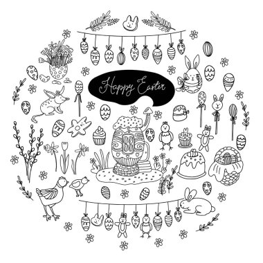 Big Easter set in doodle style. There are treats such as cakes, cupcakes, lollipops, biscuits. Cute decorations, flowers, farm animals, cozy egg house. Garlands with eggs, chickens and rabbits.