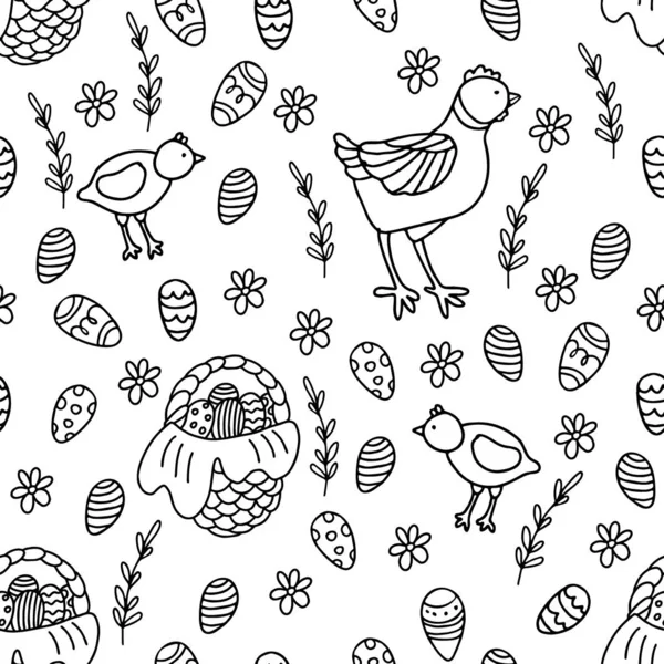 Vector seamless pattern with hens and chickens, wicker baskets full of easter eggs and daisies. Great print for fabric, wrapping papers, wallpapers, cover. Illustration in doodle style. Black ink.