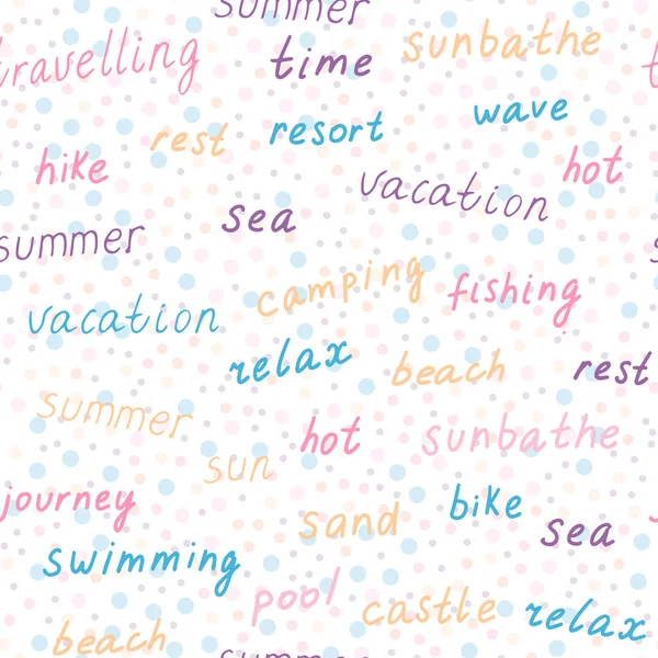 Vector Seamless Pattern Colorful Words Summer Traveling Theme Rest Vacation — ストックベクタ