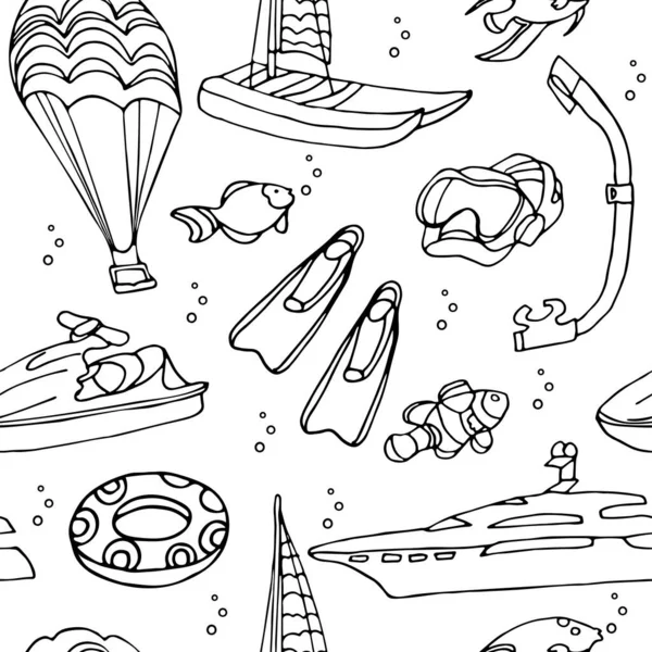 矢量无缝图案与白色背景的水上运动设备 滑板车 潜水舱 降落伞 双鱼船 主动休假的概念 用黑色墨水画的涂鸦图 — 图库矢量图片