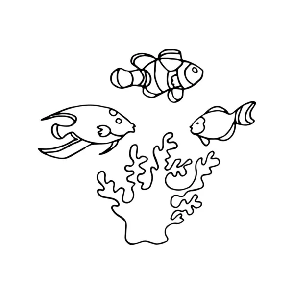 Ilustração Vetorial Desenhada Mão Tinta Preta Sobre Fundo Branco Peixes — Vetor de Stock