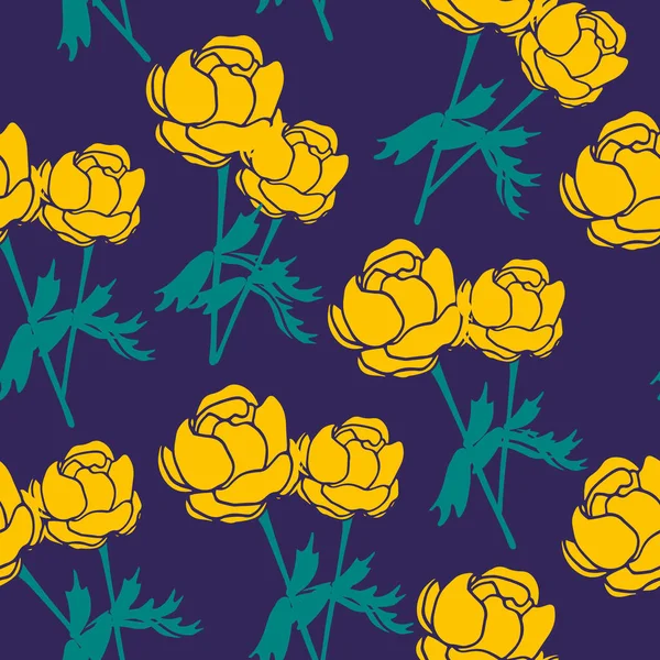 Sarı Trollius Dünya Çiçeği Ile Kusursuz Desen Koyu Mor Arka — Stok Vektör