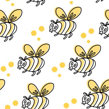 Vector seamless pattern with cute bees on white background. Great print for fabric, wrapping papers, wallpapers, cover. Doodle style illustration in black ink with yellow flat elements.