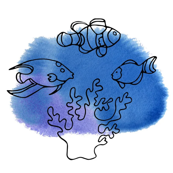 Akvarel Modrá Skvrna Černým Inkoustem Bílém Pozadí Exotické Ryby Korály — Stock fotografie
