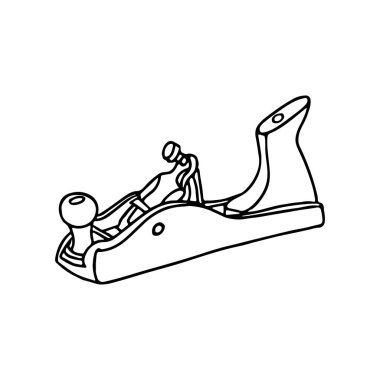 Uçak, ahşap için karalama tarzı bir alet. İzole edilmiş dış hat. Beyaz arkaplanda siyah mürekkeple el çizimi vektör çizimi.