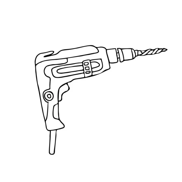 Power Drill Doodle Stil Vereinzelte Umrisse Handgezeichnete Vektorillustration Schwarzer Tinte — Stockvektor