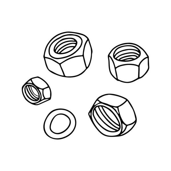 Écrous Pour Boulons Hexagonaux Style Doodle Contour Isolé Illustration Vectorielle — Image vectorielle