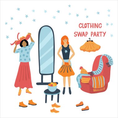 Clothing swap party vector illustration isolated on white background. Friends exchange their clothes and shoes. Two nice women on an eco-friendly event. clipart