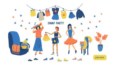 Swap party vector illustration isolated on white background. Friends exchange their clothes and shoes. Three nice women on an eco-friendly event. Landing page template. clipart