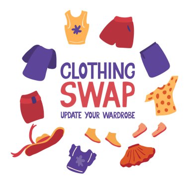 Clothing swap, update your wardrobe. Lettering with a round border with clothes and shoes. Hand drawn vector illustration isolated on white background. clipart
